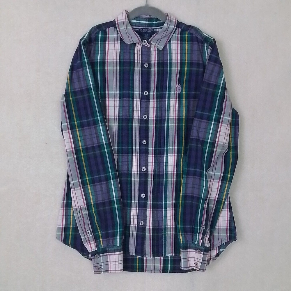 US Polo Assn Womens Cotton Button Down Shirt Sz XS Accordion Pleats Purple Plaid
